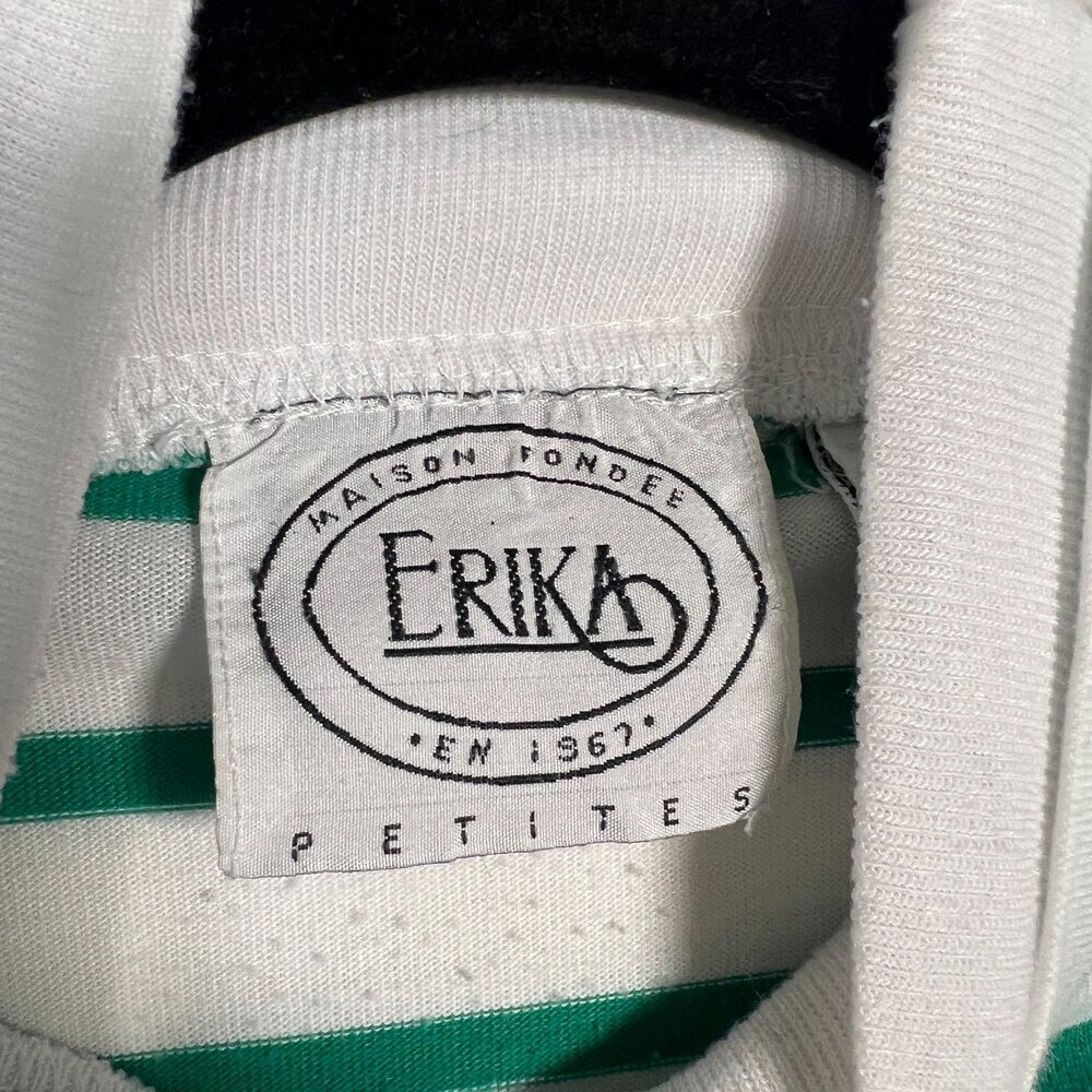 Vintage Mock Neck Sweatshirt Erika Green White Striped Floral Cottagecore Sz SP - Picture 8 of 11